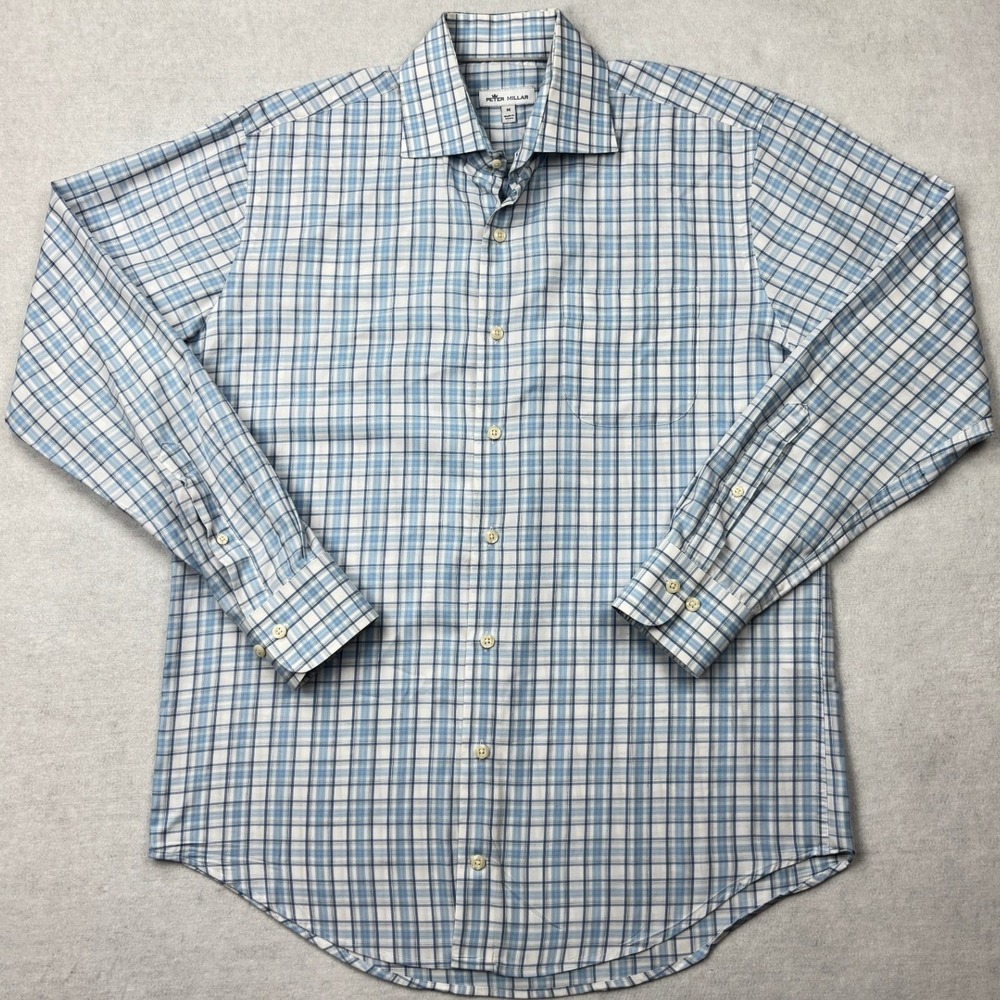 Peter Millar Mens Medium Blue White‎ Plaid Cotton Button Down Shirt Size M